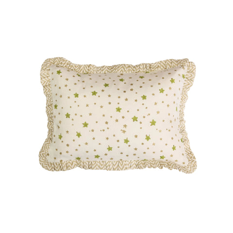 Decorative pillow with star pattern and ruffled edge on a white background