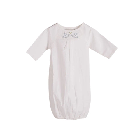 A white baby bundler with long sleeves and hand embroidered bow design in blue.