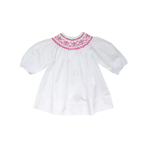 A short-sleeved white nightie for children with a hand-smocked neck and pink embroidered details.