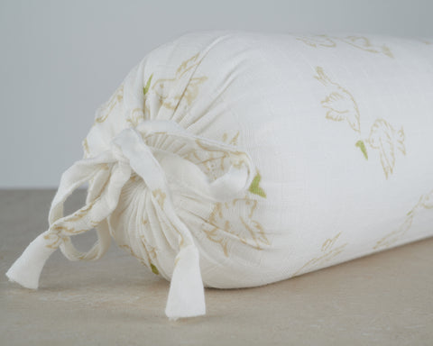 bolster cushion with taupe dove print on white background