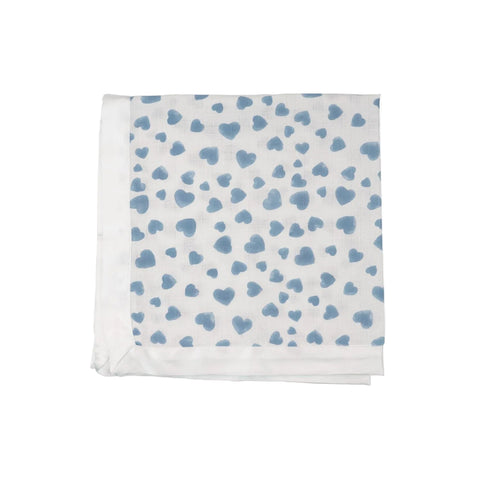 a baby muslin with satin trim and a blue heart print