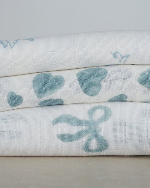 trio of hand printed blue muslins
