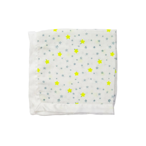 a baby muslin with satin trim and a neon and blue starry print
