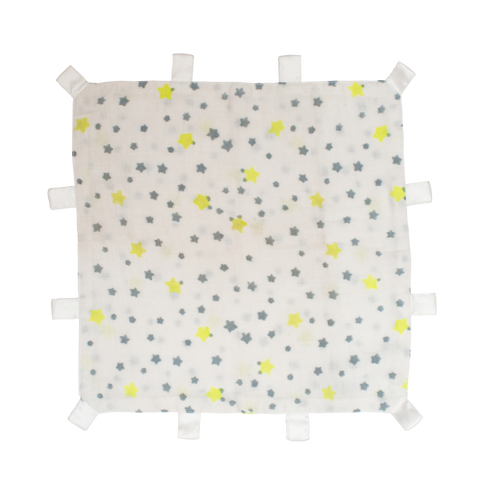 Baby comforter with star pattern on a white background and satin tabs