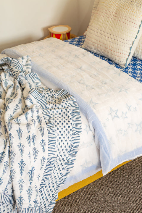 quadruple layer cotton indigo ruffle blanket