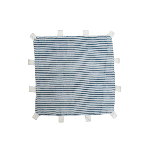 A small square baby comforter with blue and white stripes and satin tabs around the edges.