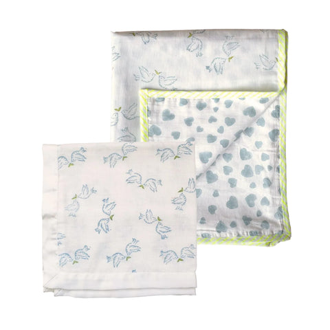 blue baby blanket and muslin square in blue on a white background