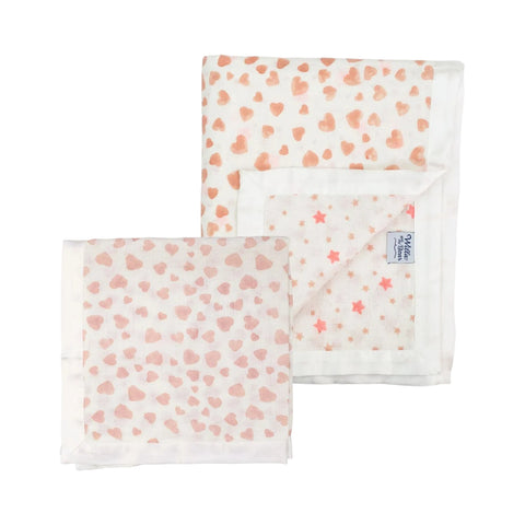 A muslin cot blanket and muslin square in pink on a white background