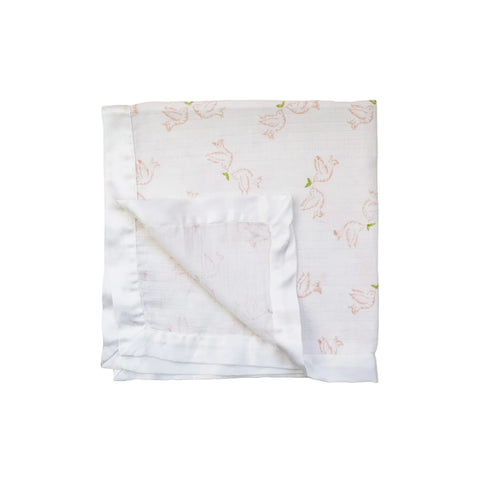 A folded pink muslin cloth with a satin trim, featuring a dove print 