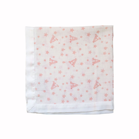 satin trimmed muslin square with pink letter A printed on a white background