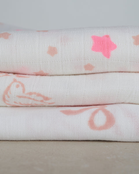 trio of hand printed pink muslins