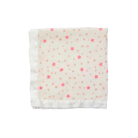 a muslin with a generous satin trim and a starry print in pale and neon pinks