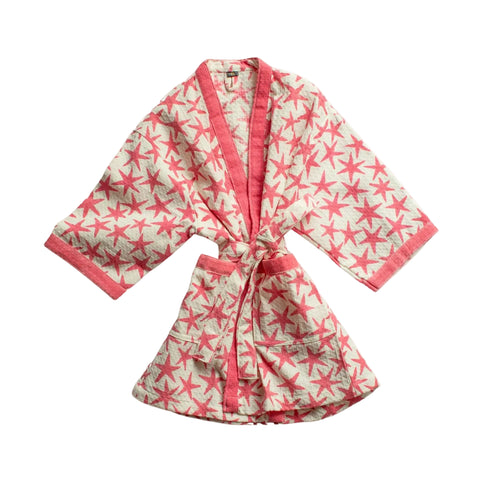 A cotton dressing gown with a star print in blue, green, and pink, displayed on a white background.