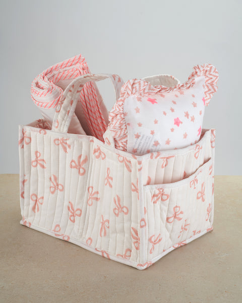 hand quilted nursery caddy with pink bow design, reversible dohar blanket and mini muslin ruffle pillow gift set