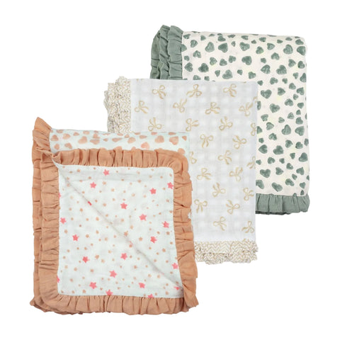 A set of Muslin Ruffle Blankets in various designs on a white background.