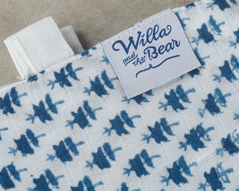 indigo printed muslin comforter with satin tabs