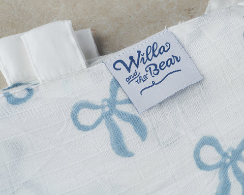 blue bow printed satin tabbed muslin comforter