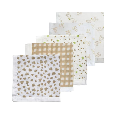 A collection of taupe-colored muslin cloths with various patterns