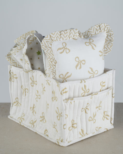 nursery caddy, dohar blanket and mini ruffle pillow gift set in taupe