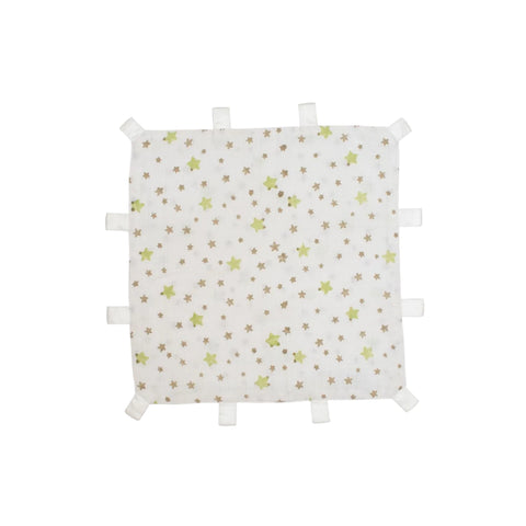 A small square comforter with a taupe color and a star print, featuring tabs on each side.