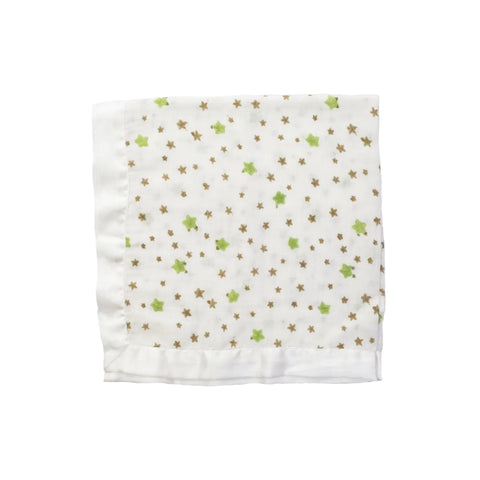 A taupe coloured cotton muslin baby muslin with a starry print and a satin trim, folded neatly.